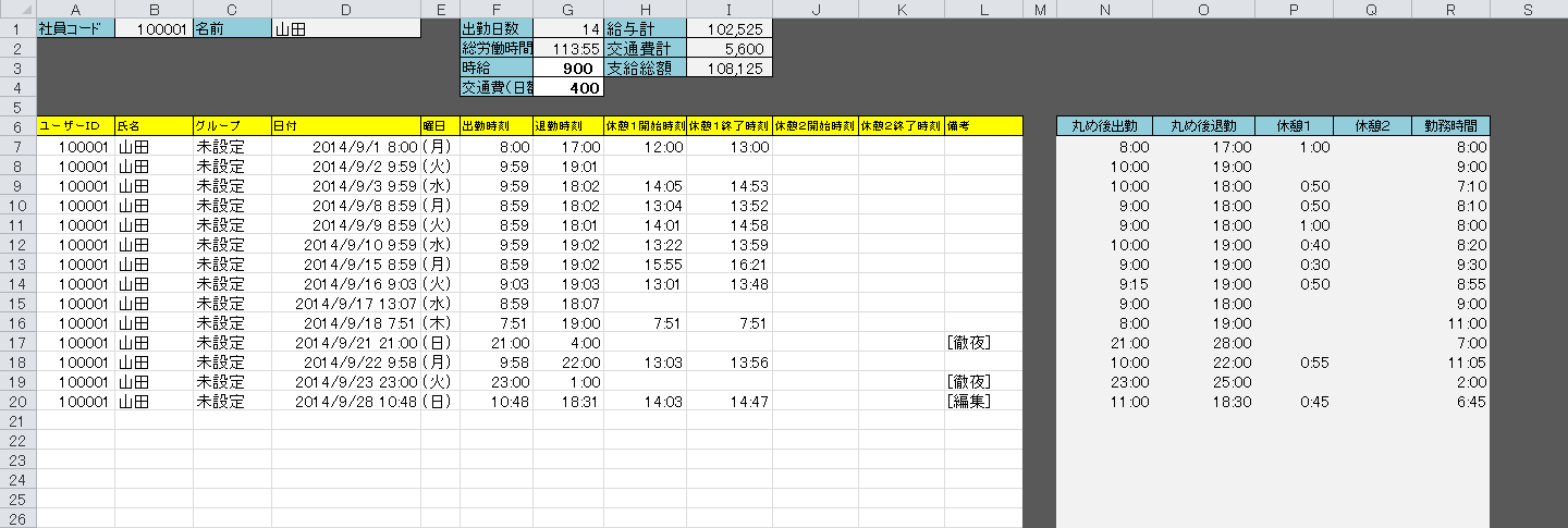 パソコンでタイムカード管理 で給与計算するためのexcelテンプレートをつくってみた Sounansa Net